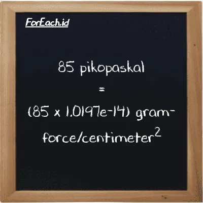 Cara konversi pikopaskal ke gram-force/centimeter<sup>2</sup> (pPa ke gf/cm<sup>2</sup>): 85 pikopaskal (pPa) setara dengan 85 dikalikan dengan 1.0197e-14 gram-force/centimeter<sup>2</sup> (gf/cm<sup>2</sup>)